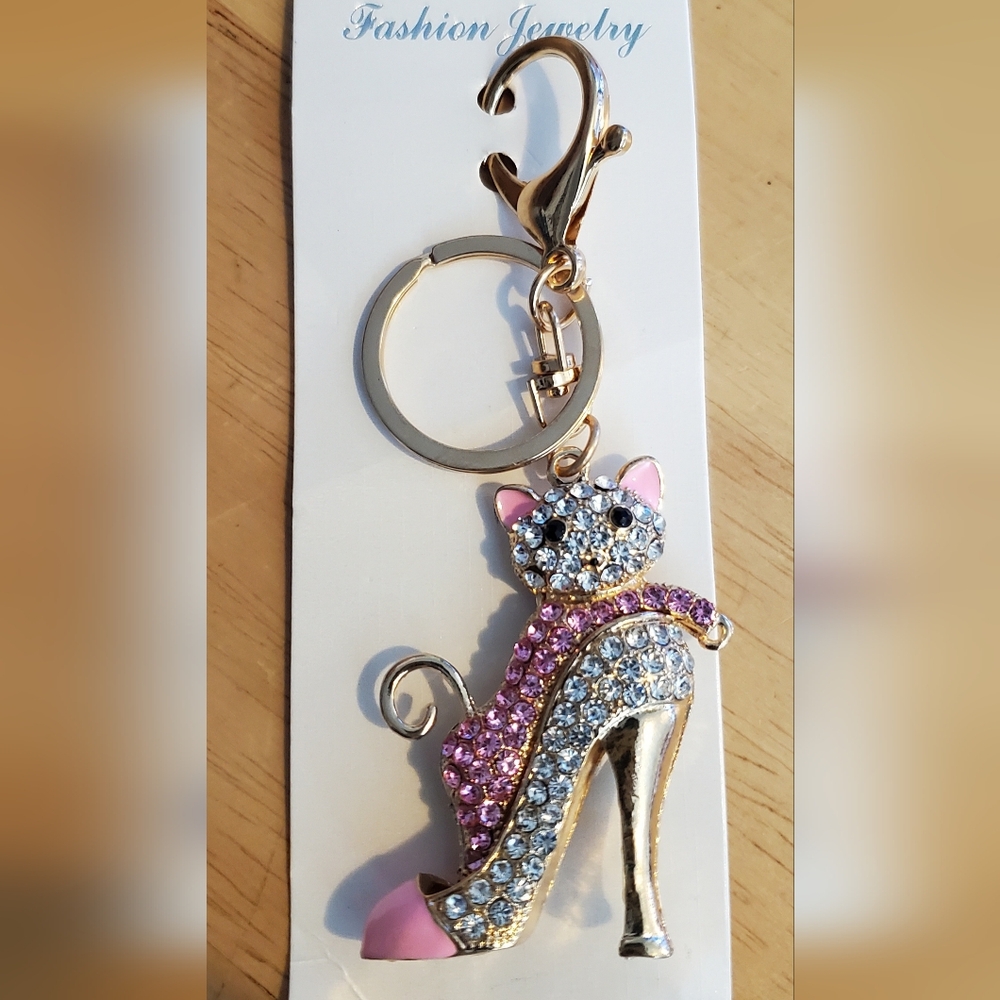 Gold and Pink Kitten In A High Heel Shoe. Keychain/Bag Charm.